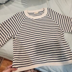 Faherty Cream and Navy Striped Crewneck Sweater